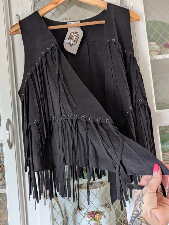 Lg Irvines Black Fringe Suede Women's Vest Eyelet Western Biker - Picture 4 of 6